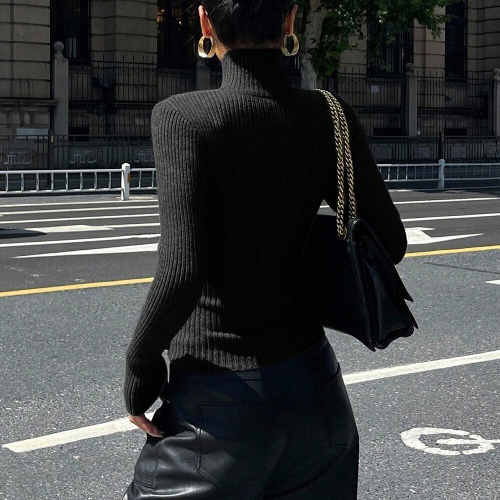 Black Women's High Neck Criss-Cross Hem Sweater top - Picture 2 of 6